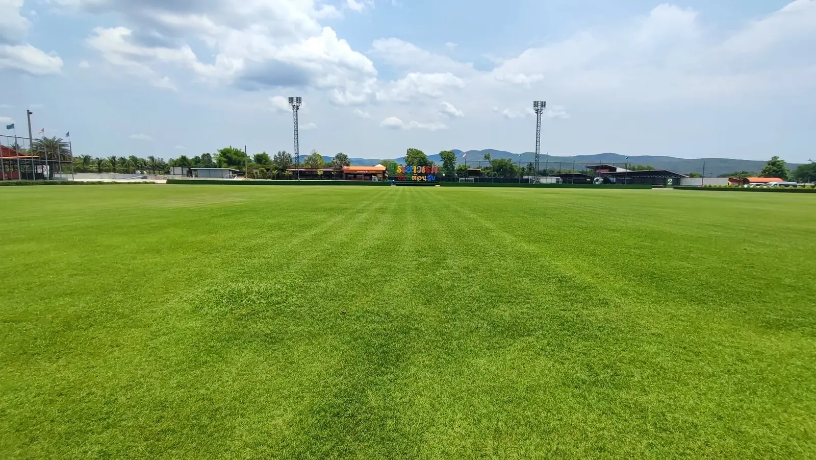 Wide view of the striped pitch under floodlight towers and cloud