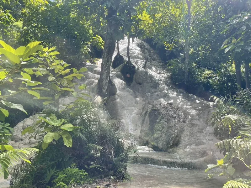 Water running down the limestone steps of the Sticky Waterfall